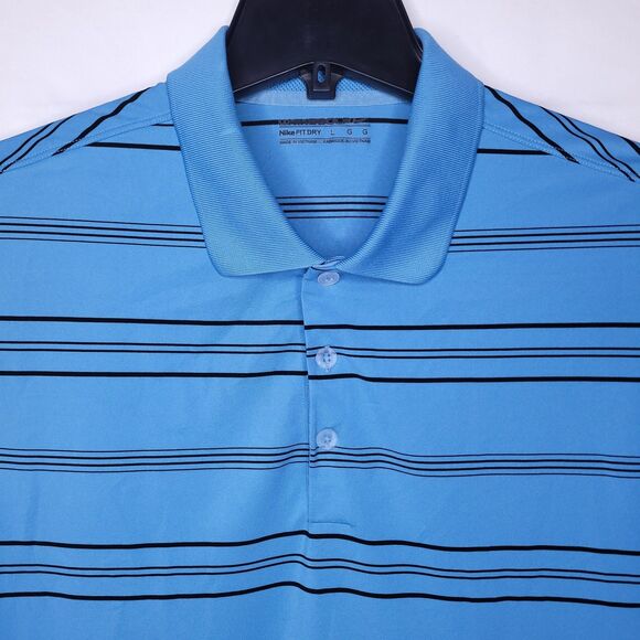 Nike Polo Shirt Mens Large Striped Blue Dri Fit Golf Swoosh - Picture 1 of 11